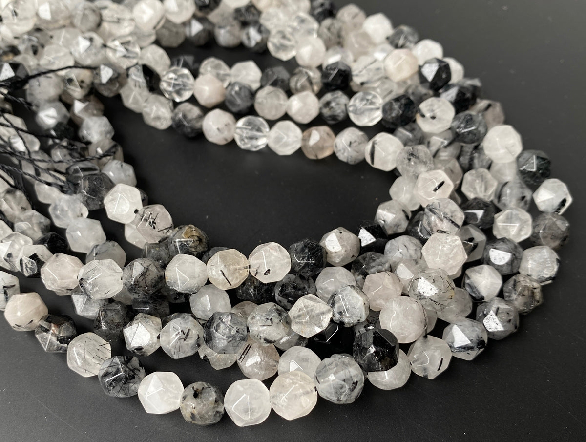 15.5" 8mm Natural black rutilated quartz star faceted beads