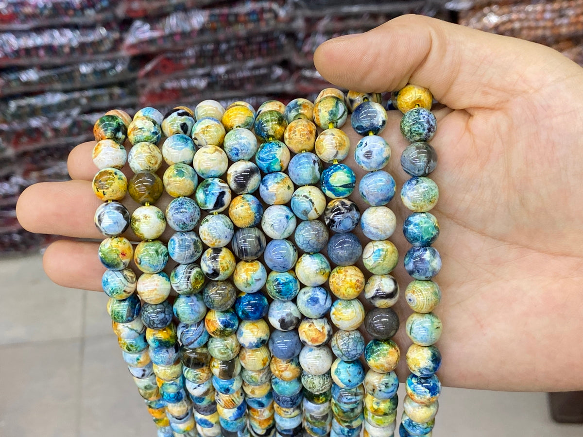 15" 10mm yellow blue Dream Fire agate multi color round beads
