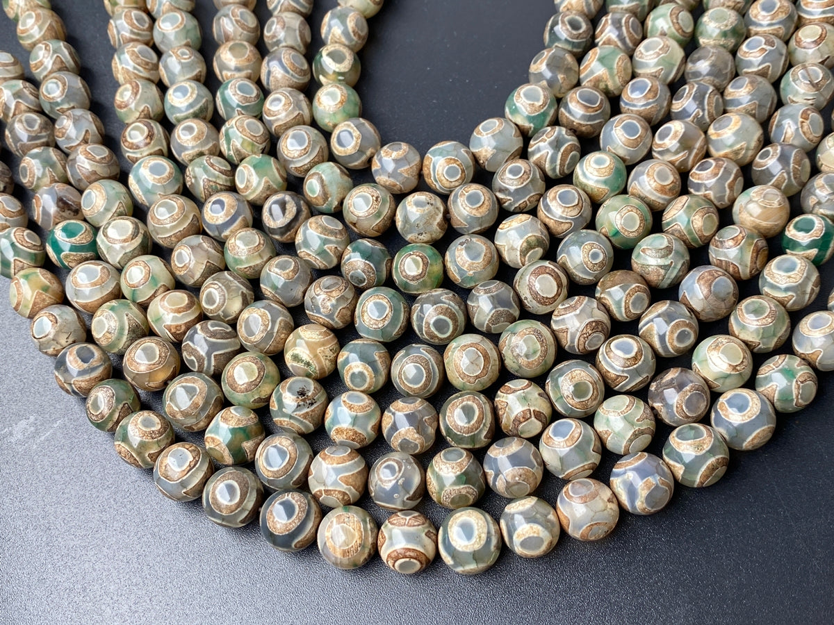 14" 8/10/12mm Antique Green Bulk tibetan Dzi agate round beads Eye