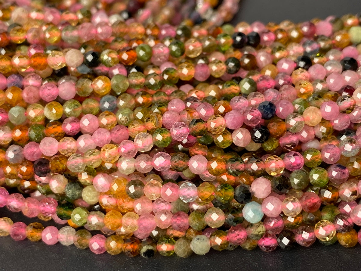 15.5" 2mm natural multi color Tourmaline round faceted gemstone beads AA