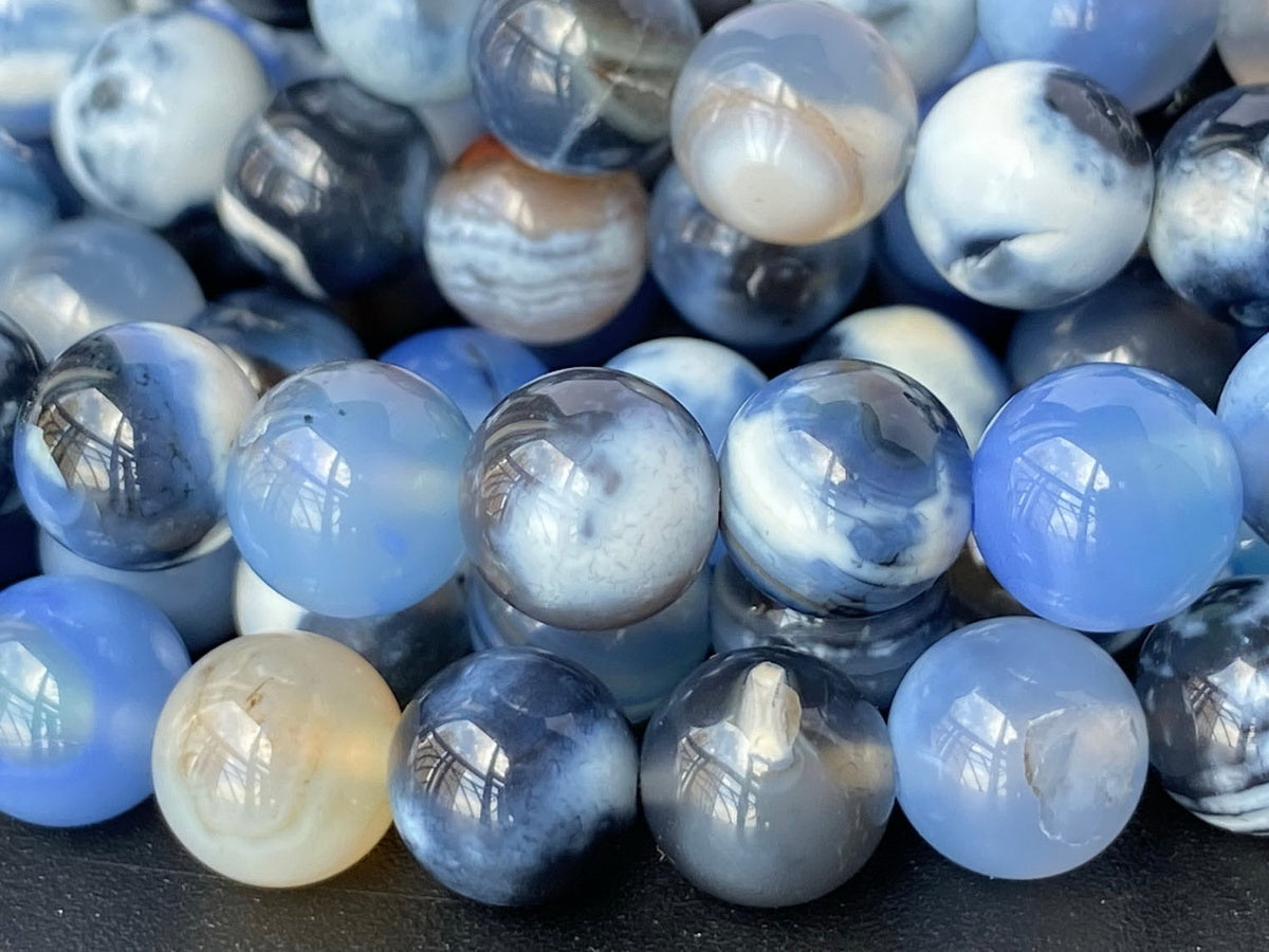 15.5" 8mm Dream grey blue Fire agate round beads, with special stripe