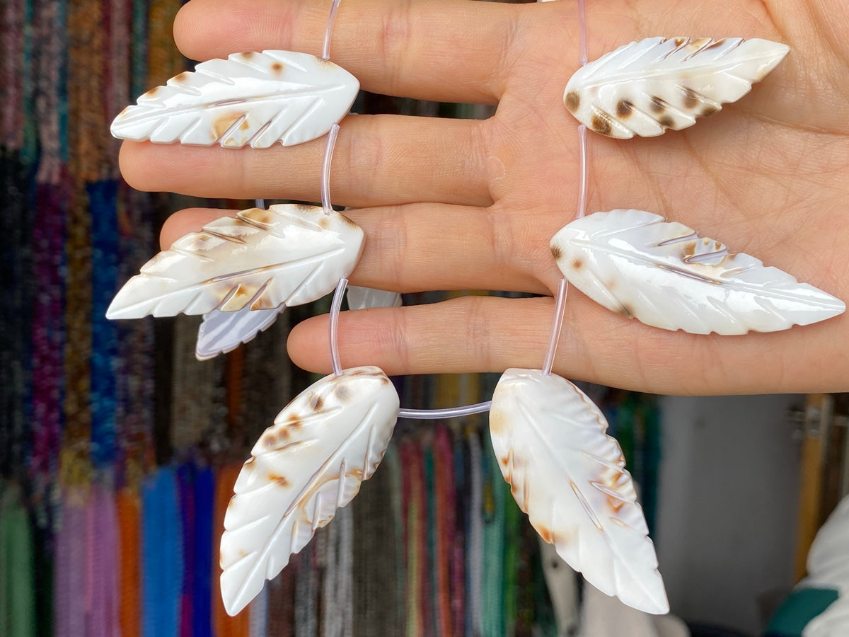 15" 20x45~60mm Natural white shell carving leaf,12pcs on each strand