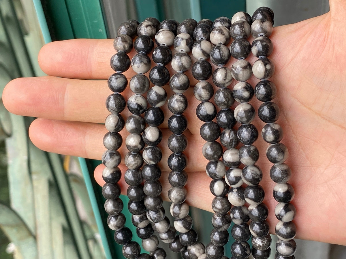 15.5" 8mm Natural black coral fossil stone round beads