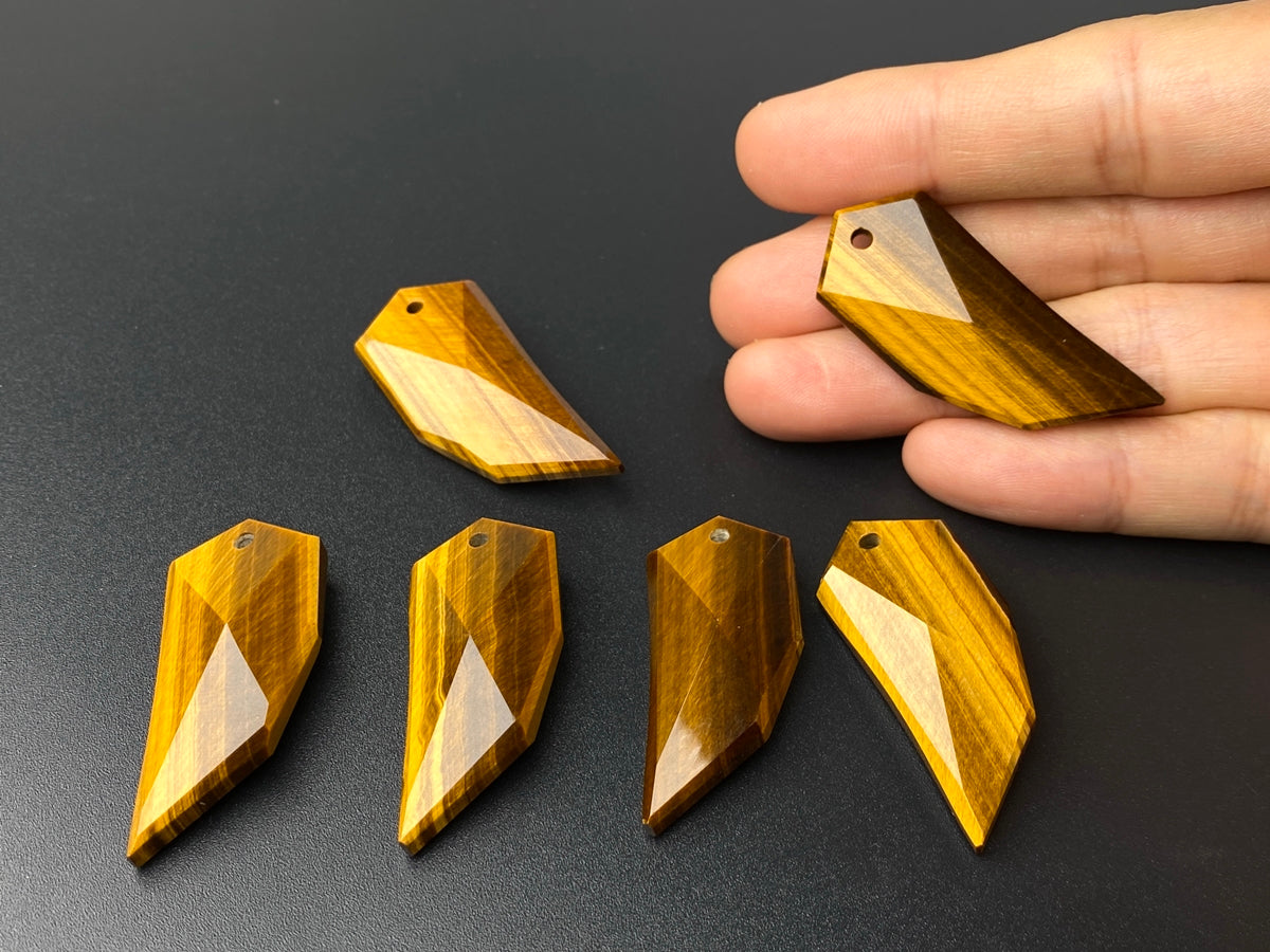 1PC 42x17mm AAA Natural yellow tiger eye faceted tiger tooth pendant