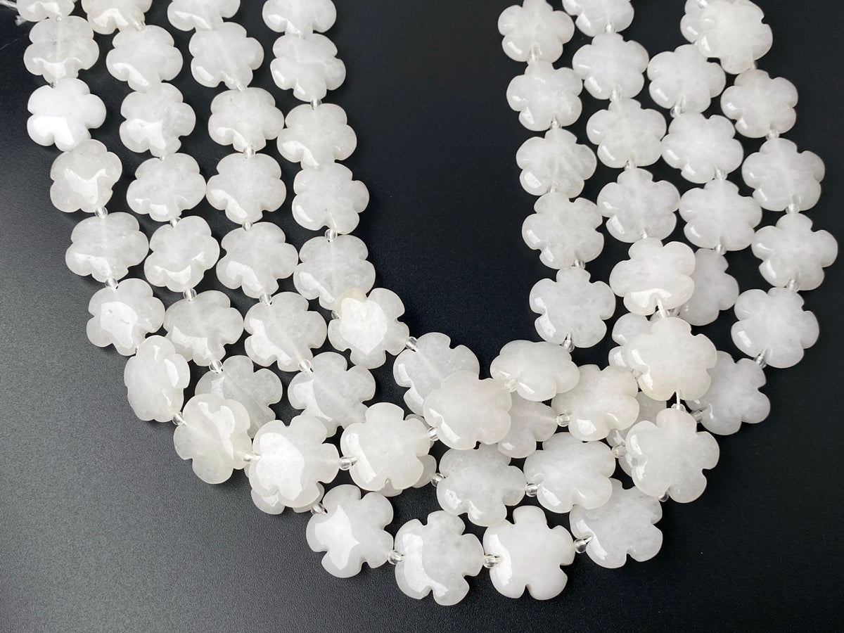 15" natural white jade flower beads 15mm/20mm, semi-precious stone flower