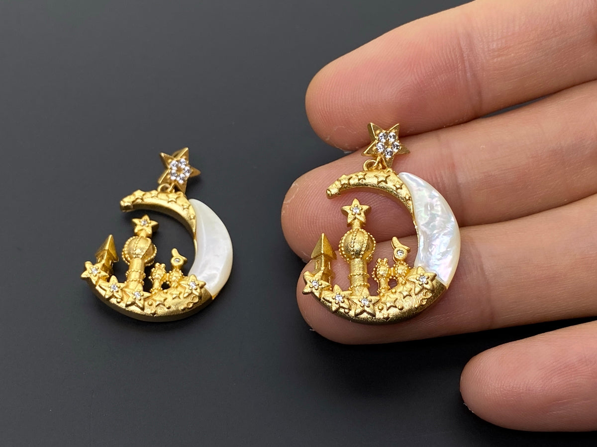 21x30mm gold plated brass castle moon charms pendant