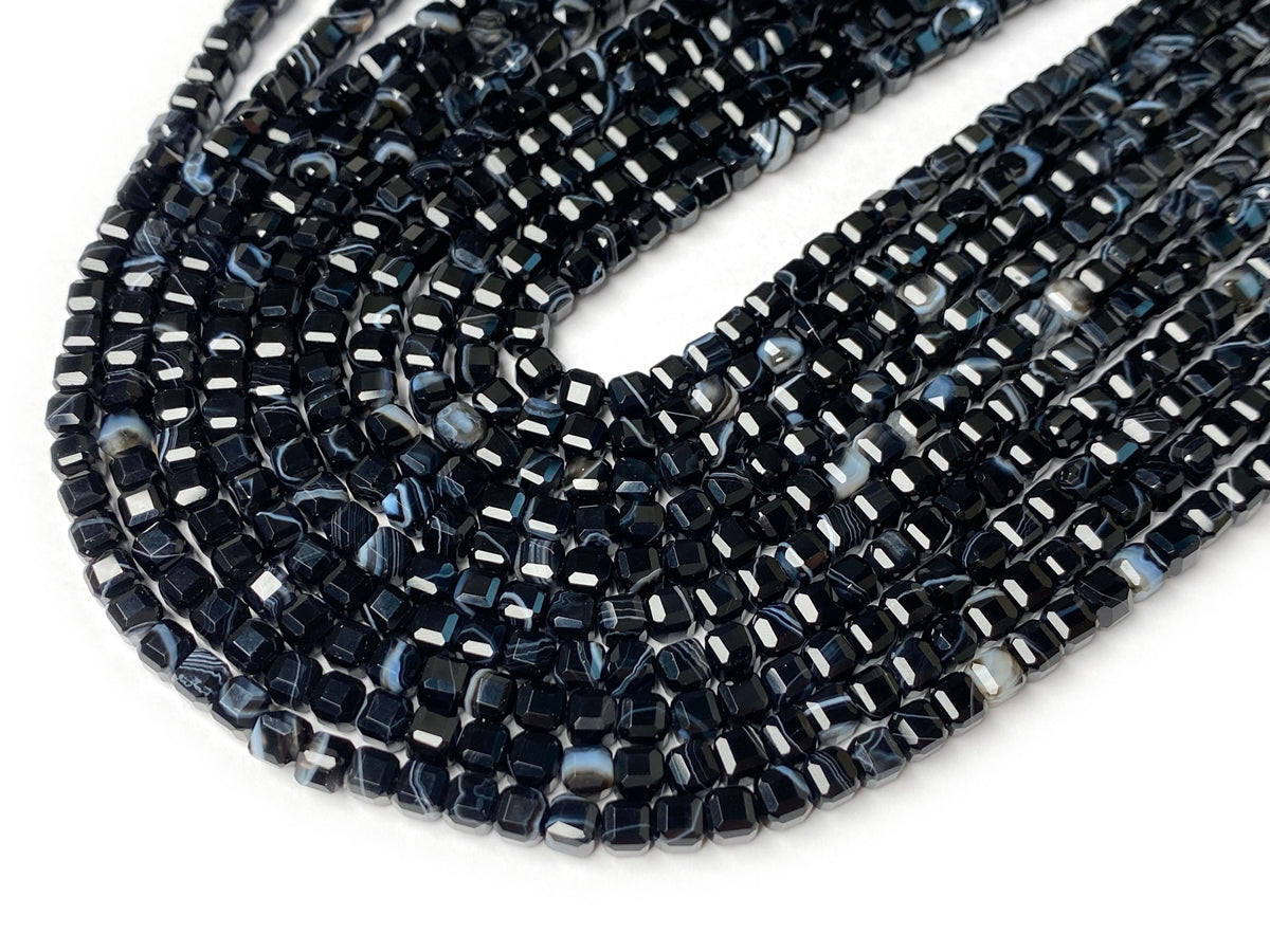 15" 4mm Black stripe agate magic cube faceted beads