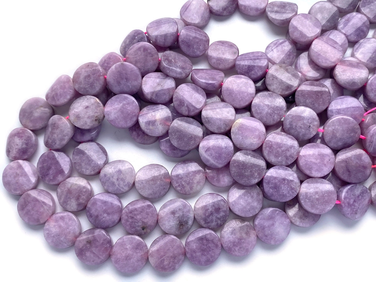 15.5" 16mm Natural light Lepidolite stone twisted round coin beads