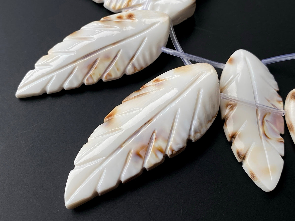 15" 20x45~60mm Natural white shell carving leaf,12pcs on each strand