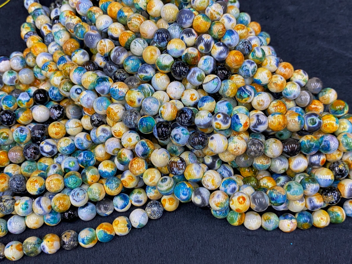 15" 8mm yellow blue Dream Fire agate multi color round beads