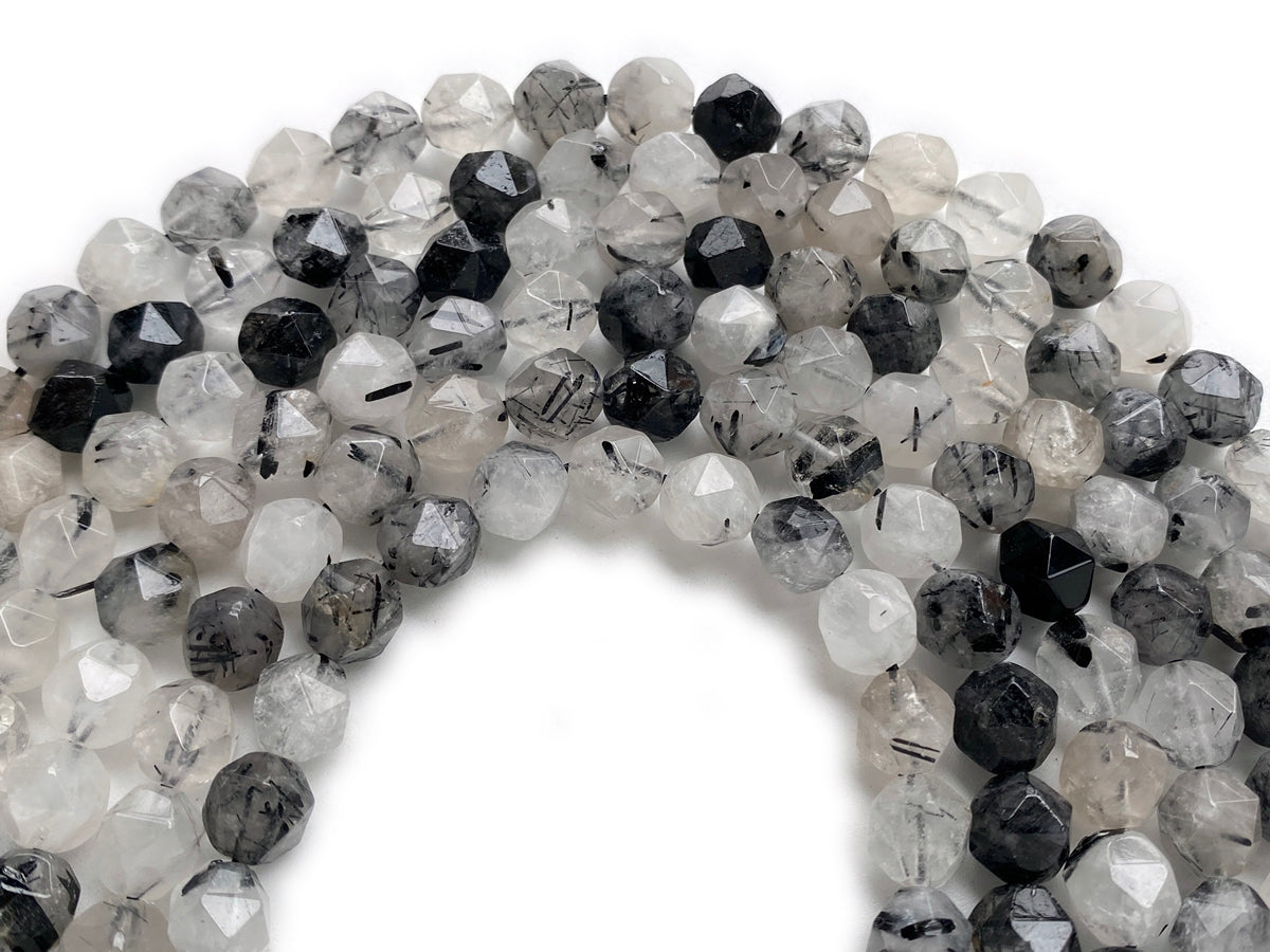 15.5" 10mm Natural black rutilated quartz star faceted beads
