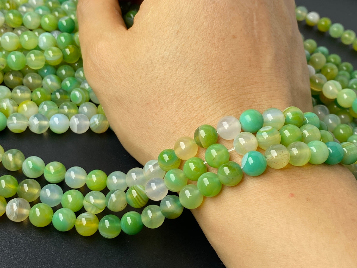 15" 8mm Mix Green stripe agate round semi precious stone beads