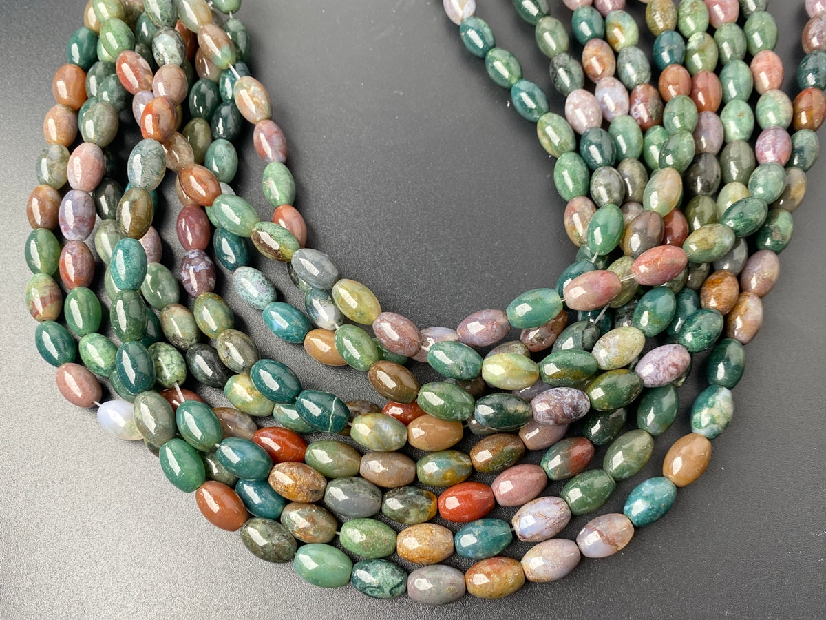 15.5" Natural 8x12mm green Indian agate drum beads AA