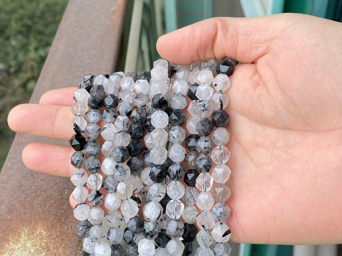15.5" 10mm Natural black rutilated quartz star faceted beads