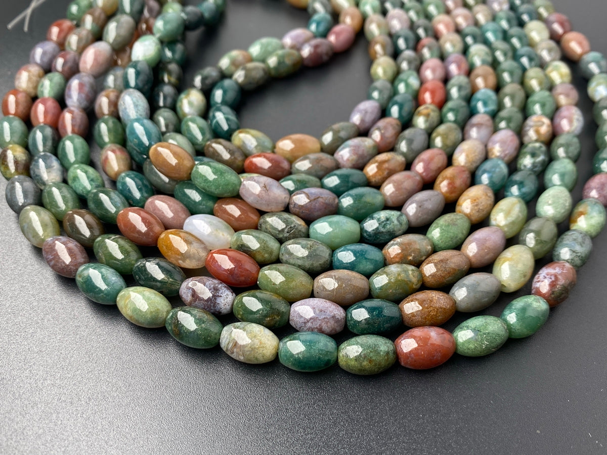 15.5" Natural 8x12mm green Indian agate drum beads AA