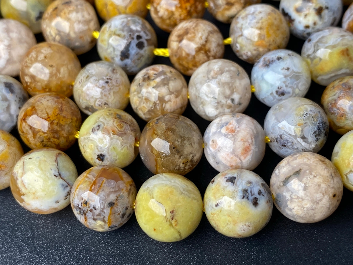 15.5" 10mm natural yellow brown flower Agate Round Gemstone beads