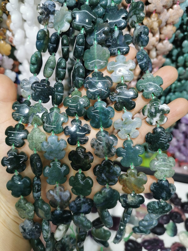 15" 15mm/20mm natural green moss Agate flower Gemstone beads