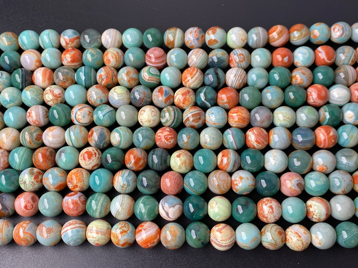 15" 10mm Green orange fire agate round semi precious stone beads