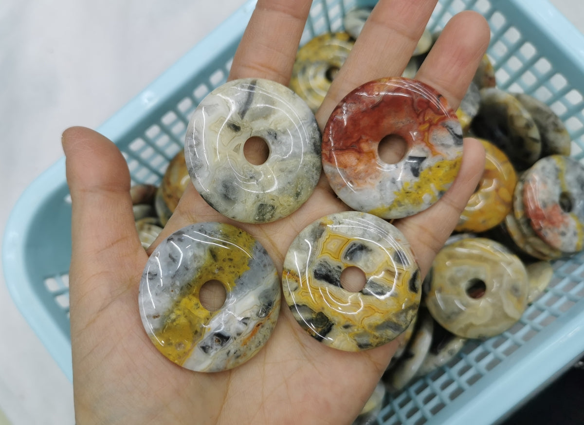 1PC 50mm natural yellow grey crazy agate Round donut pendant