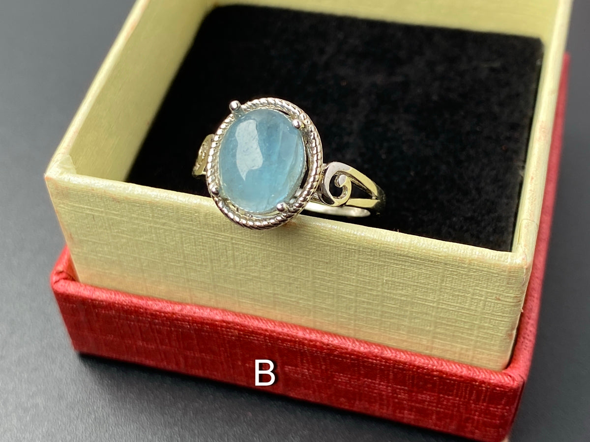 925 sterling silver rings with oval Natural aquamarine cabochon stone