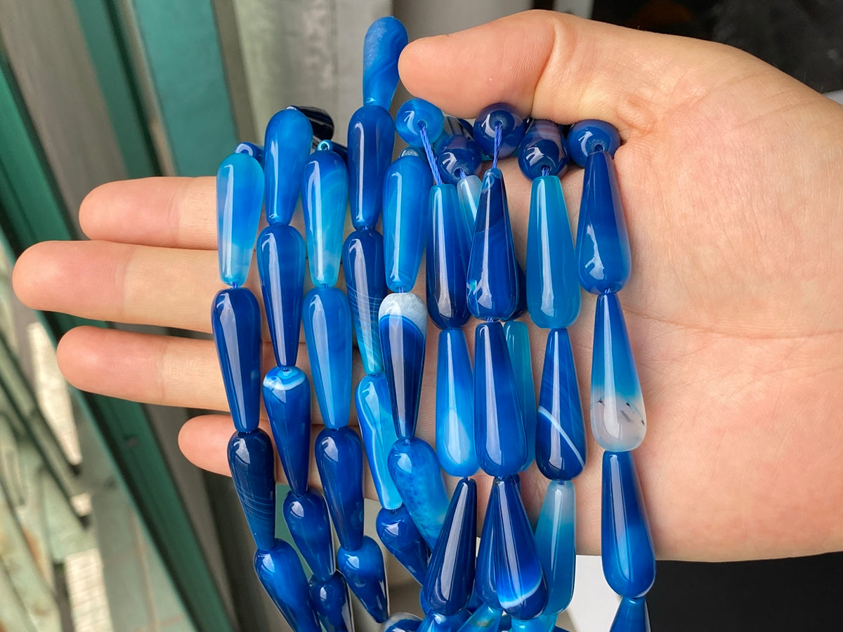 15.5" 10x30mm blue agate teardrop beads, DIY jewelry pendant, semi-precious stone