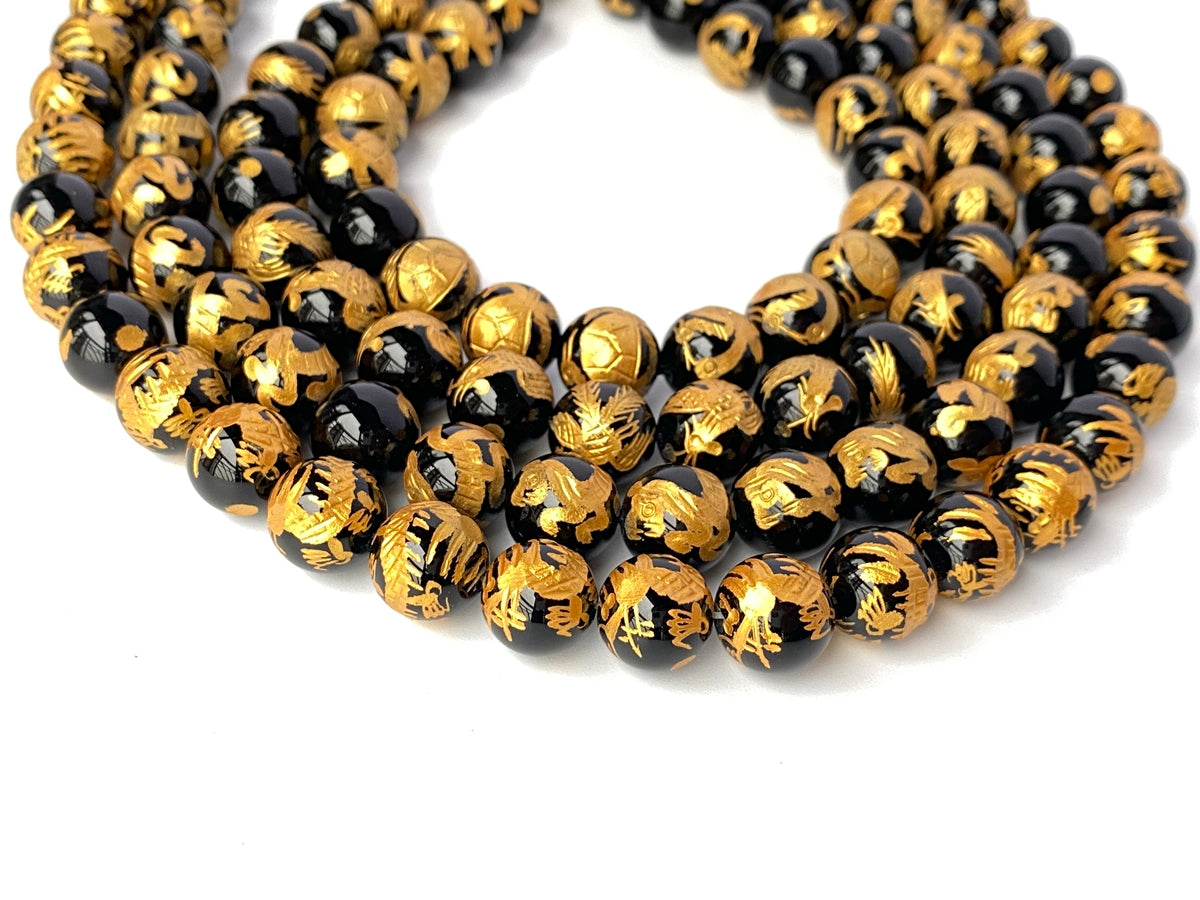 15.5" 10mm/12mm black Agate/onyx carving 4 god Round beads gold