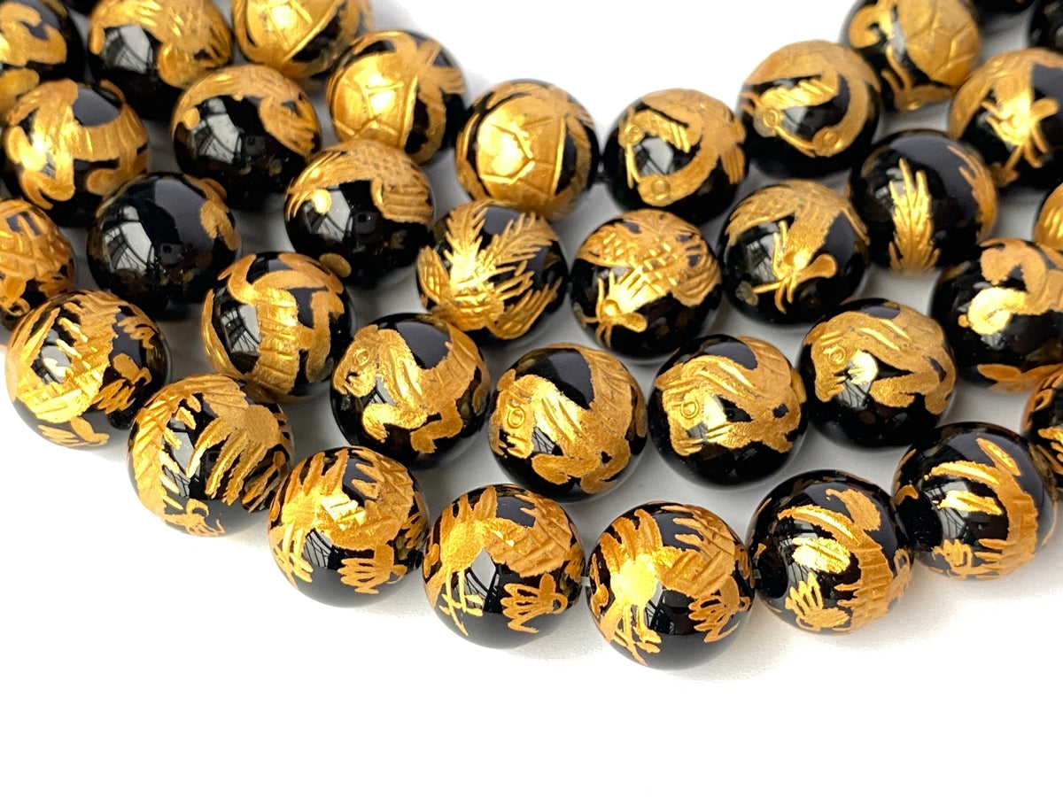 15.5" 10mm/12mm black Agate/onyx carving 4 god Round beads gold
