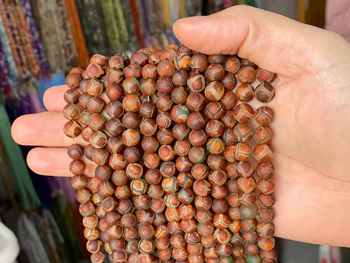 15" 8mm Antique Brown Green tibetan DZI agate round beads