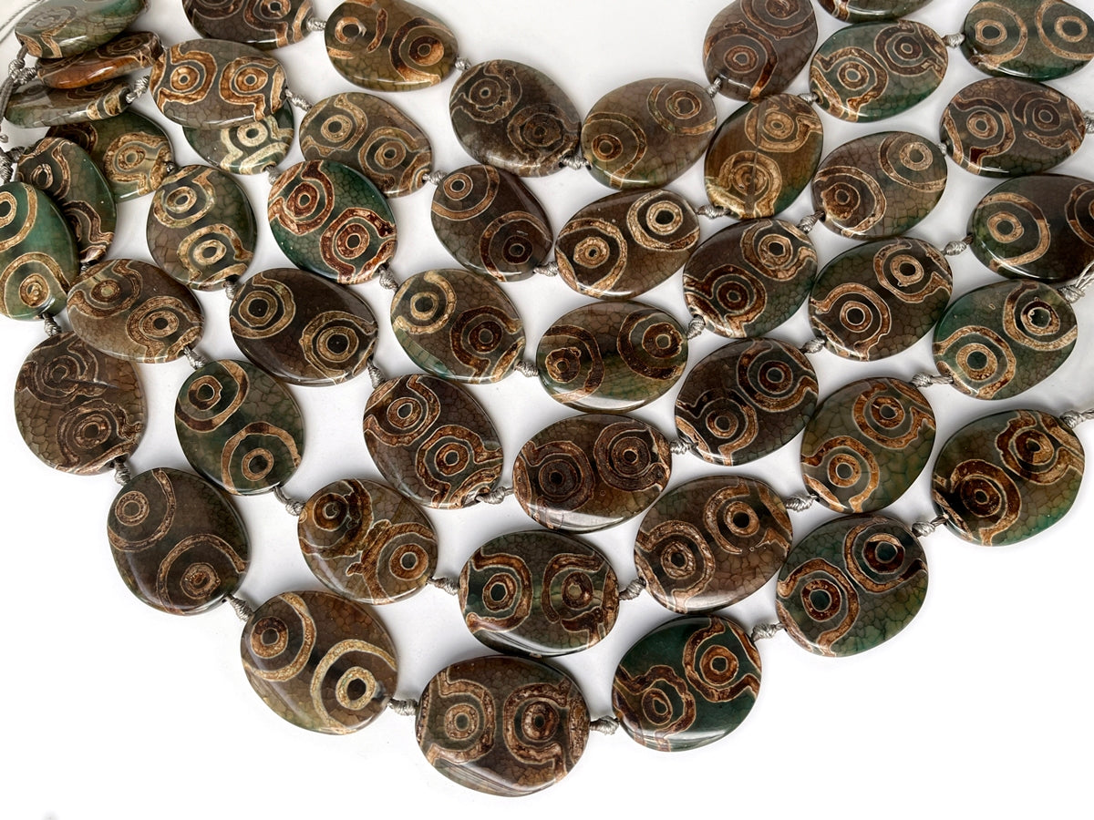 14" 30x40mm Antique green Bulk tibetan Dzi agate oval beads