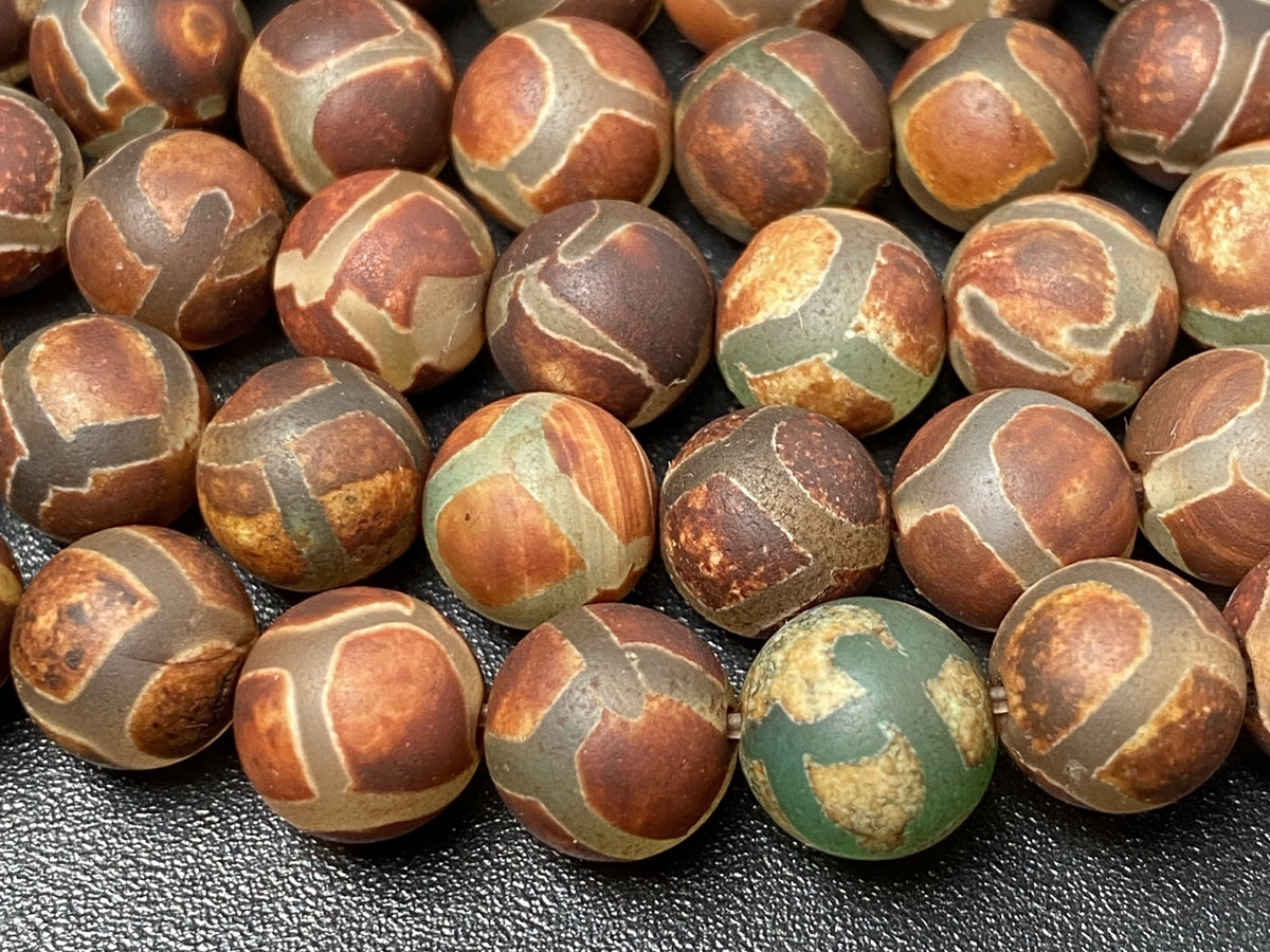 15" 8mm Antique Brown Green tibetan DZI agate round beads