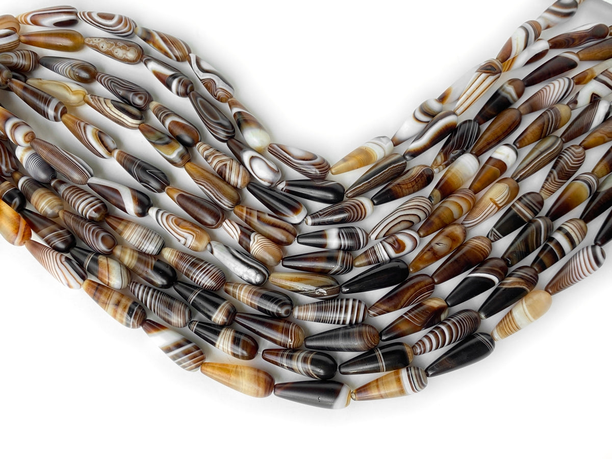 15.25" 10x30mm matte/frosted brown stripe agate teardrop beads