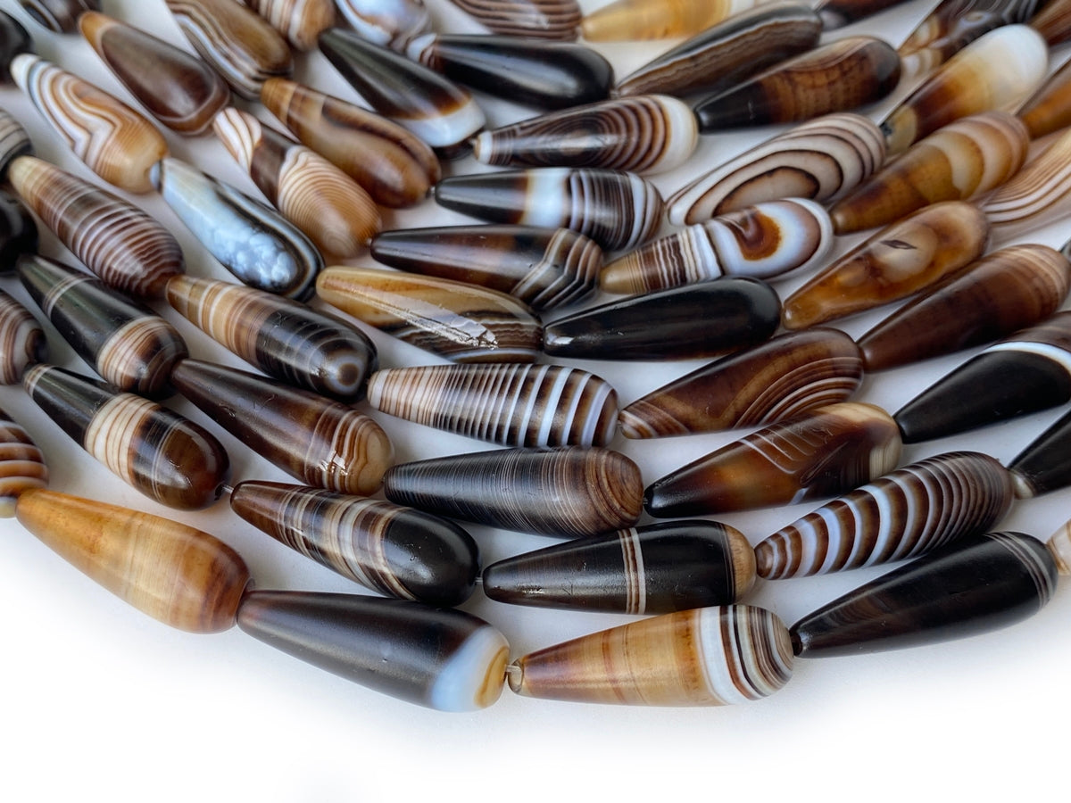 15.25" 10x30mm matte/frosted brown stripe agate teardrop beads