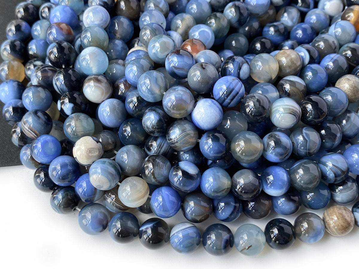 15" 10mm Dream grey blue Fire agate round beads, with special stripe
