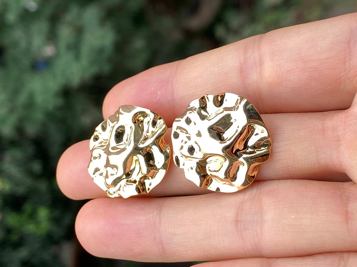 2PCS 23mm Gold plated brass Hammered Earring Studs/Post with Loop