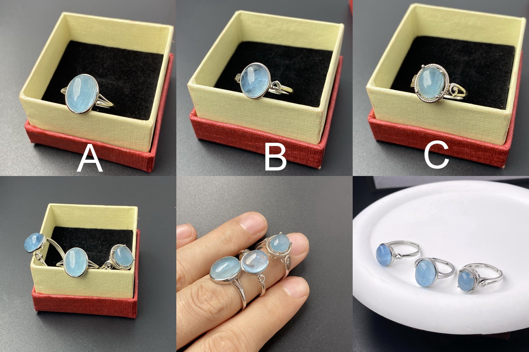 925 sterling silver rings with oval Natural aquamarine cabochon stone