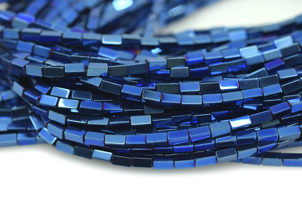 15.5" 2x4mm Blue Hematite stone rectangle tube beads