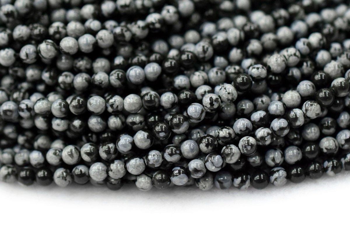 15.5" Natural Snowflake Obsidian 2mm round beads, small black white semi-precious stone