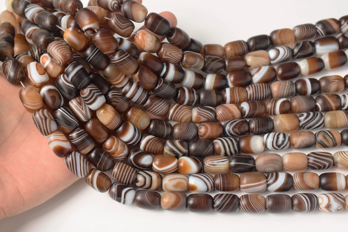 15" 13x17mm Matte brown stripe Agate barrel drum beads