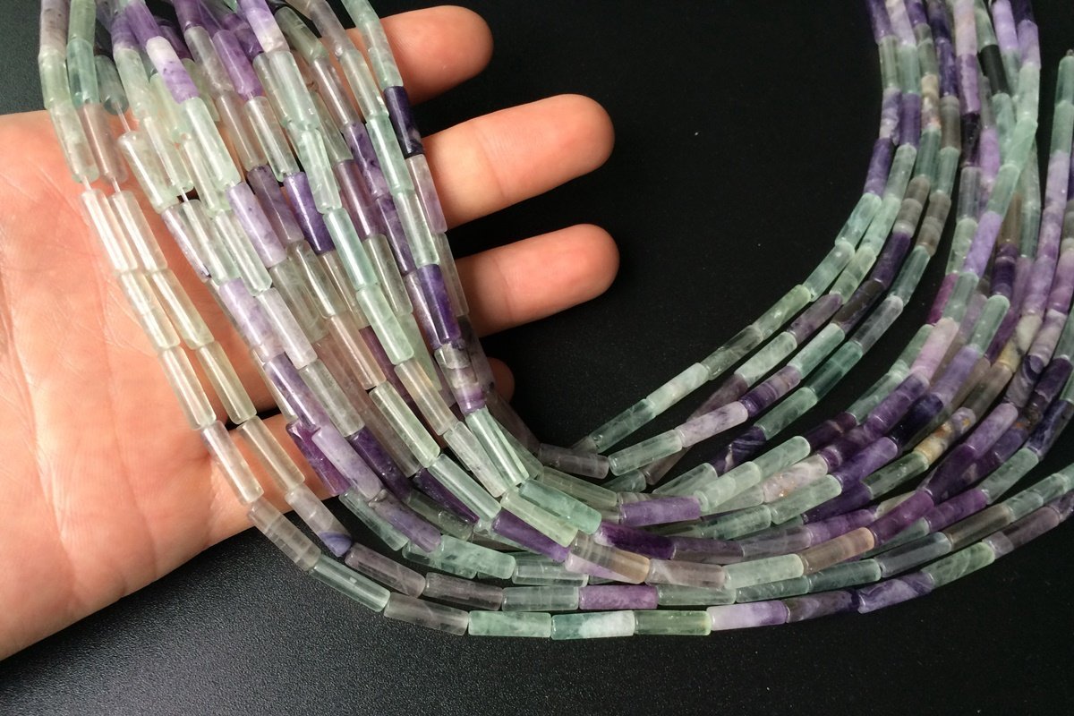 15" 4x13mm natural Rainbow fluorite stone round tube beads