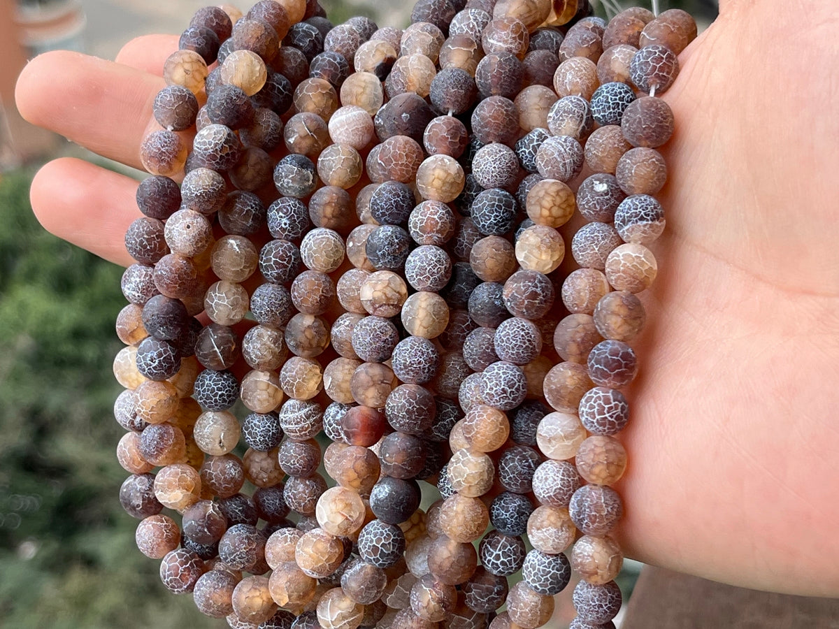 15" 8mm/10mm/12mm frosted brown dream fire dragon veins Agate Round beads