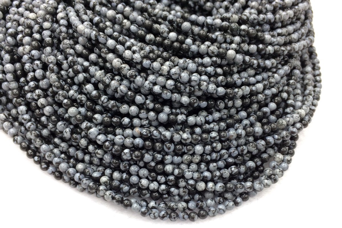 15.5" Natural Snowflake Obsidian 2mm round beads, small black white semi-precious stone