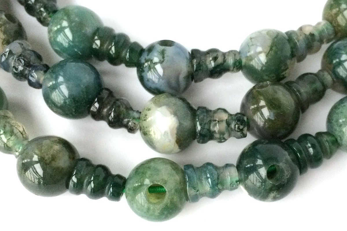 5 SETS 10mm Green Moss agate T hole beads set, Guru Mala Cones Beads
