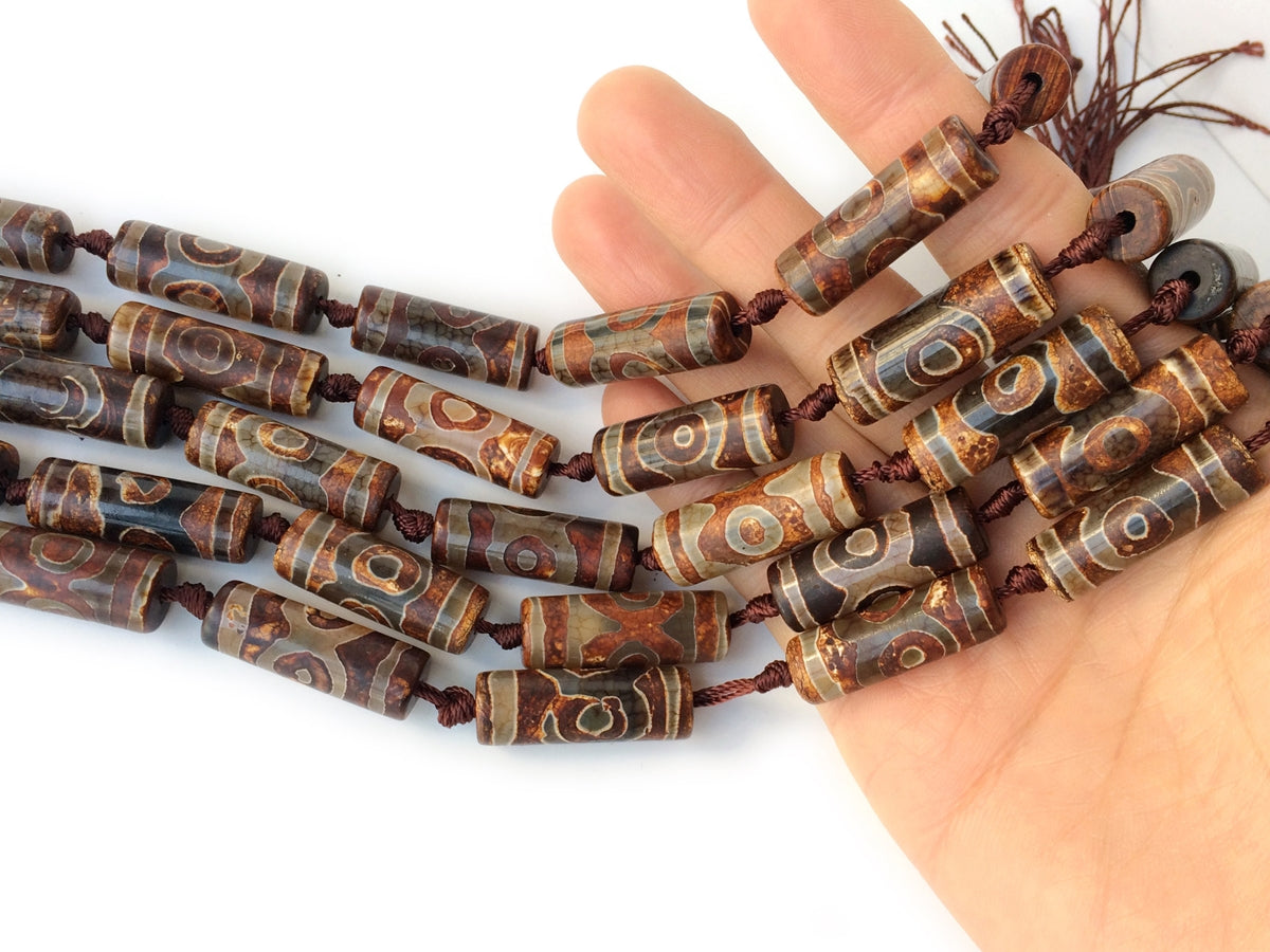 14" Antique Brown Bulk tibetan Dzi agate cylinder tube beads 10x30mm