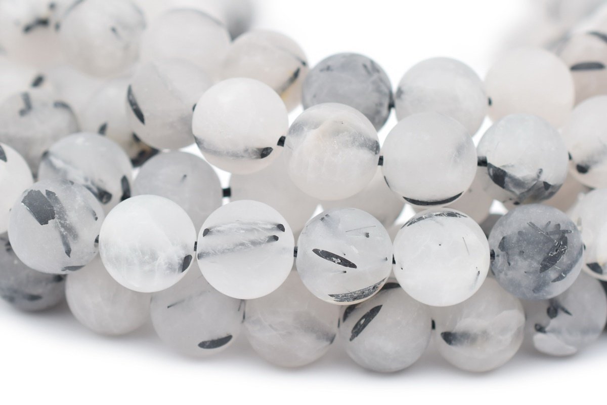 15.5" 10mm Natural matte/frosted black rutilated quartz round Tourmaline beads