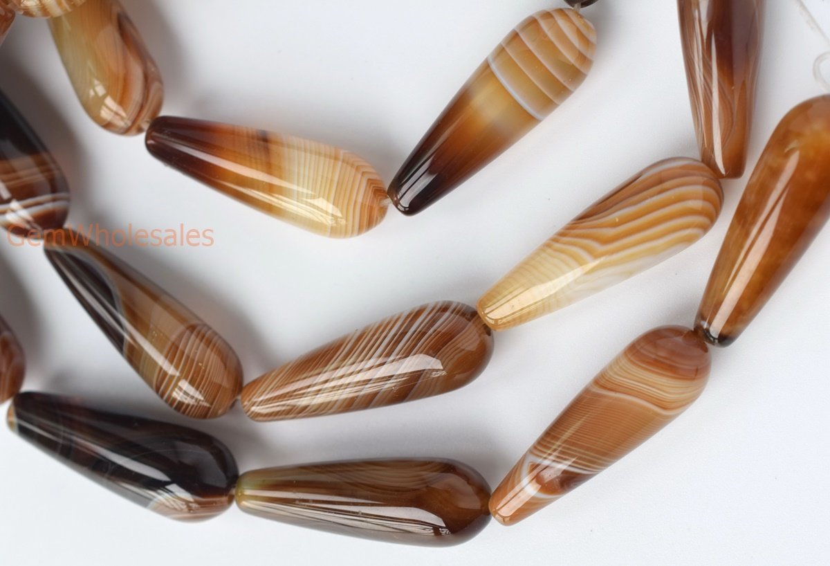 15.25" 10x30mm polished brown stripe agate teardrop jewelry beads