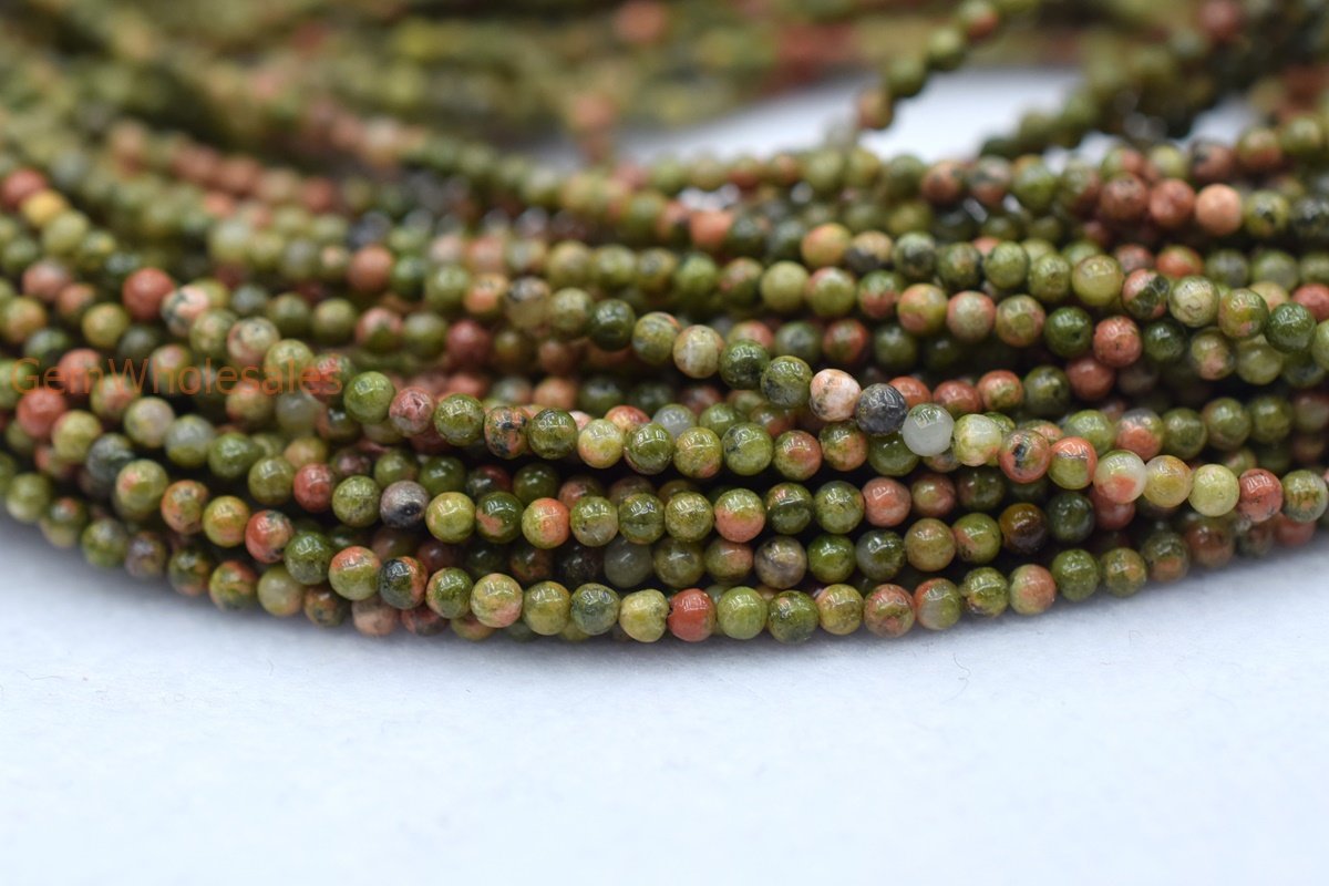 15.5" Unakite 2mm round beads, green and red multi color gemstone