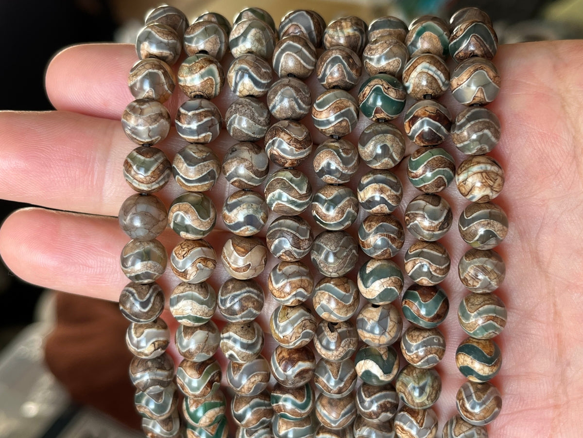 14" 8mm Antique Green Tibetan Dzi agate round beads