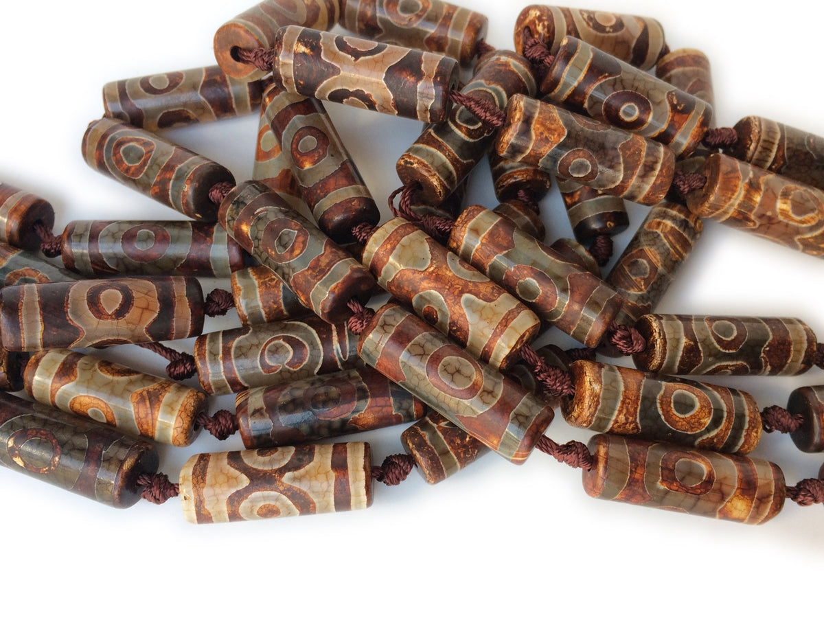 14" Antique Brown Bulk tibetan Dzi agate cylinder tube beads 10x30mm