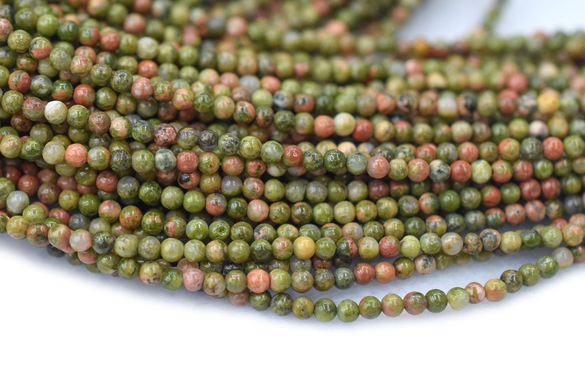 15.5" Unakite 2mm round beads, green and red multi color gemstone