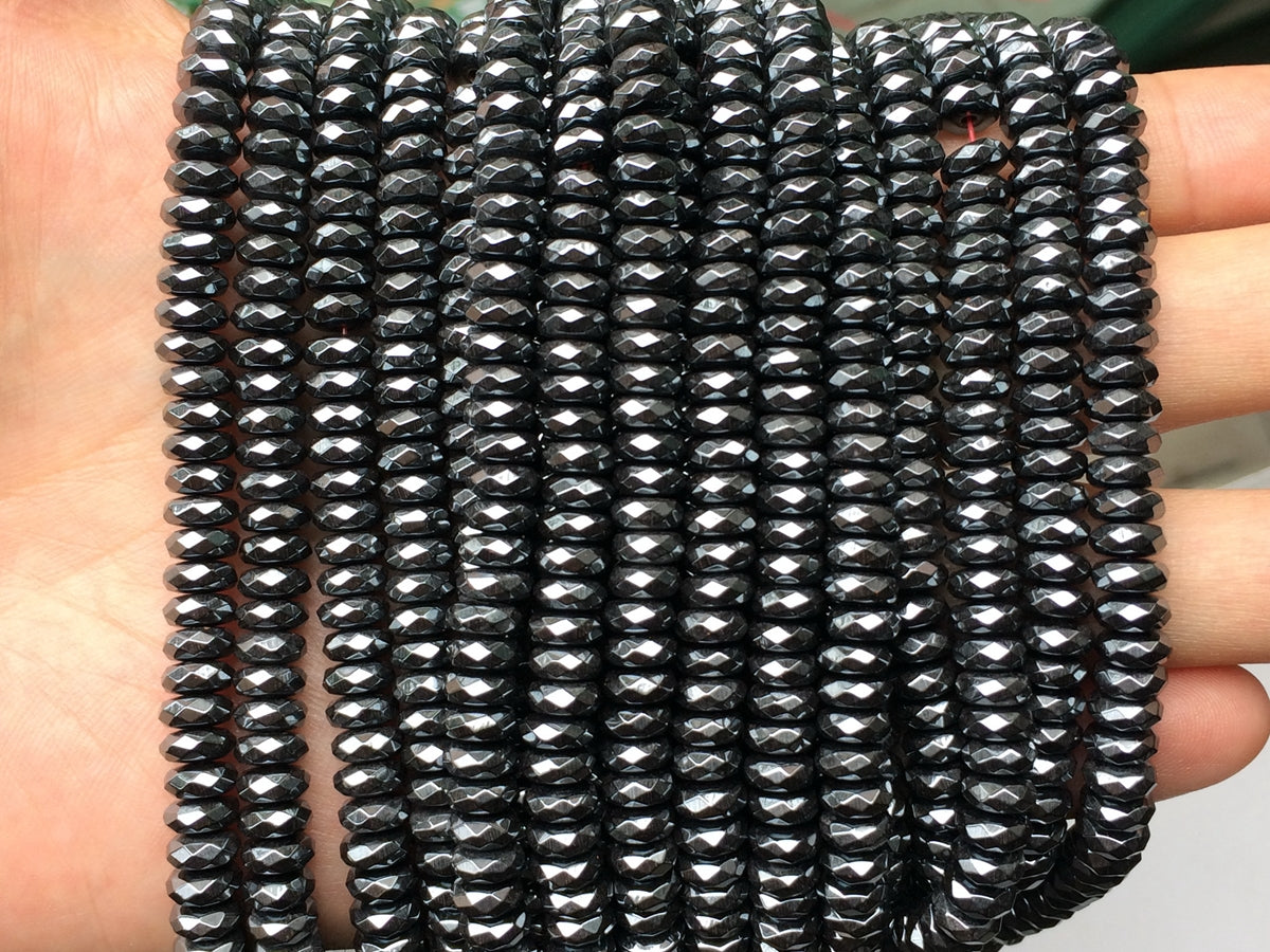 15.5" 3x6mm Natural hematite stone roundel faceted beads, Noir Black